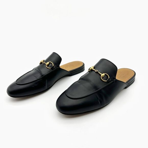 GUCCI Princetown Black Leather Mule Size 37 Horsebit Slip On Loafer - Picture 1 of 11